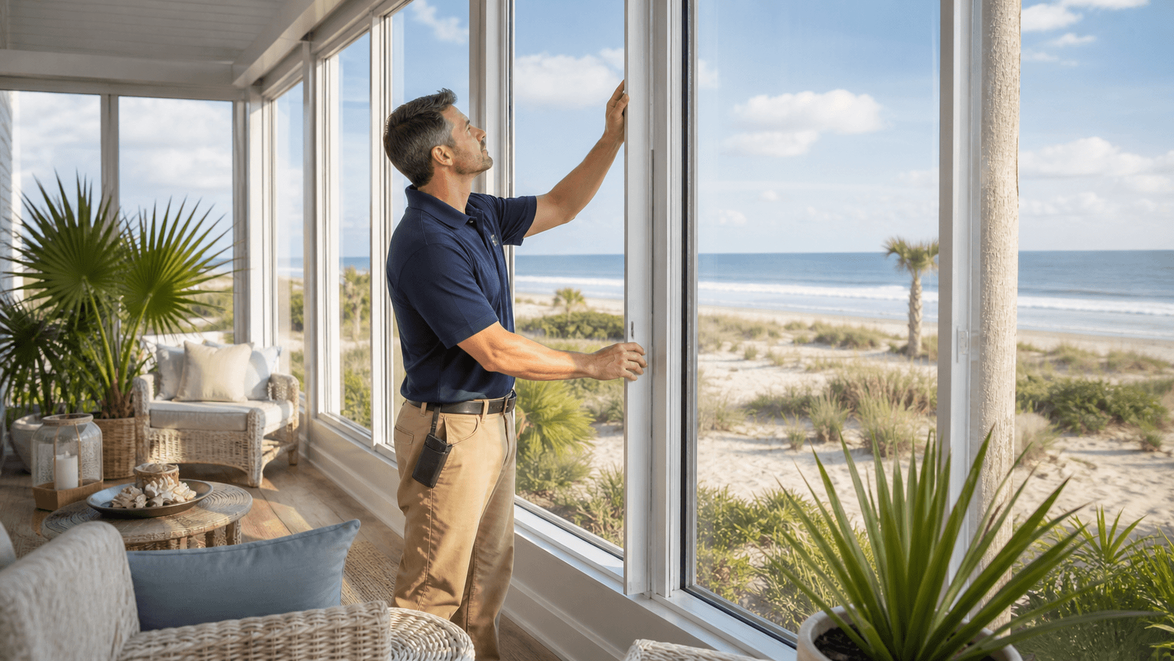 Bright coastal sunroom with glass walls, wicker seating, and ocean views under a clear blue sky.