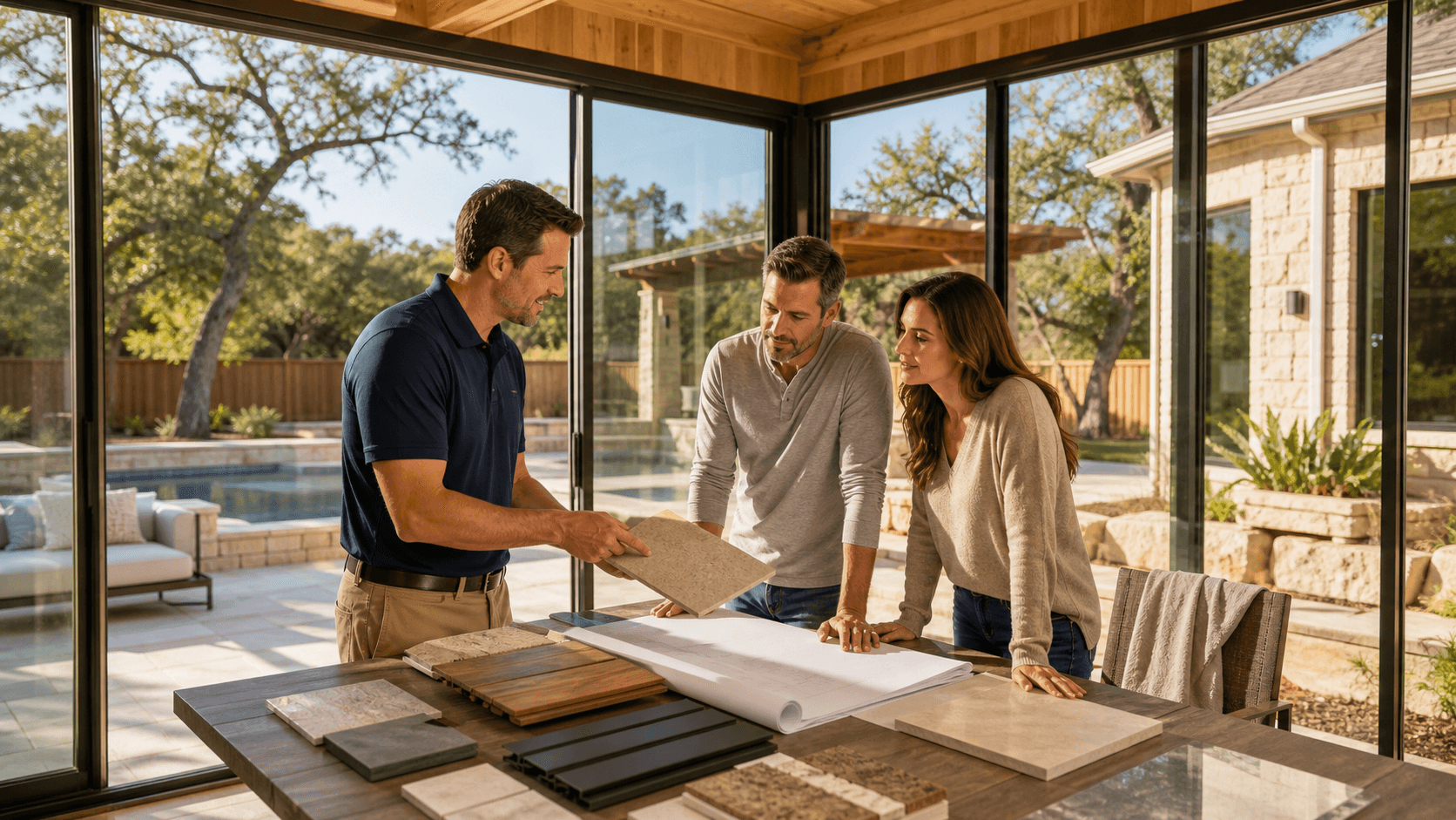 Sunlit Texas home with a glass-walled sunroom, warm wood framing, and clear blue sky.