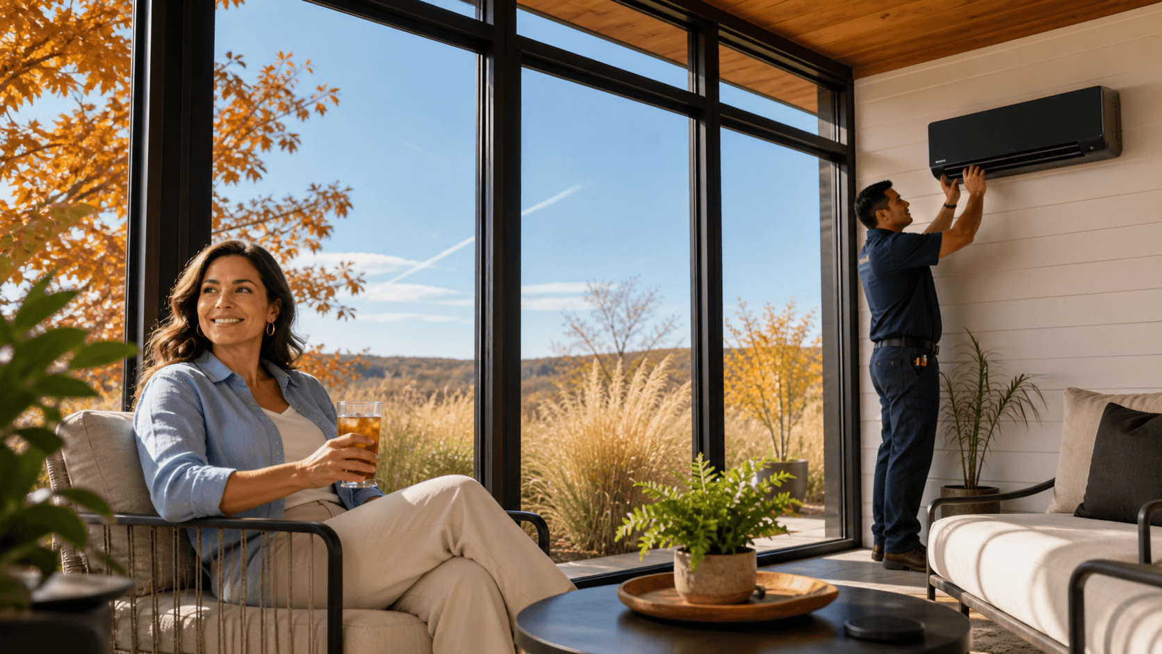 Sunlit Texas sunroom with glass walls, wicker chairs, ceiling fan, and autumn trees outside.