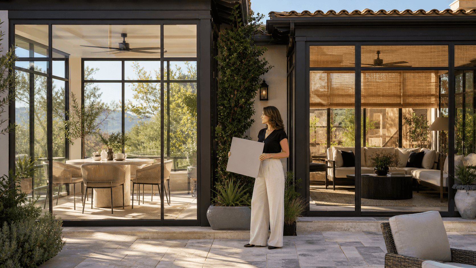Split-view sunrooms show cool morning light on the left and warm sunset glow on the right.