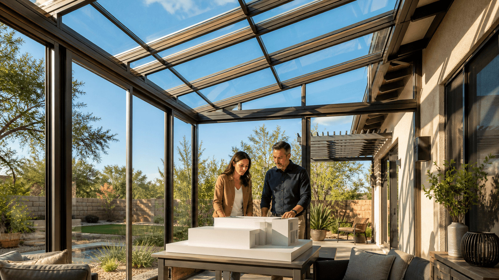 Modern sunroom with a glass roof, sunlit seating, and warm Texas landscape visible through expansive windows.