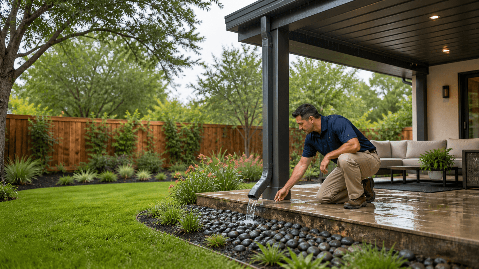 Modern covered patio with rainwater streaming from a metal roof into a lush green backyard.