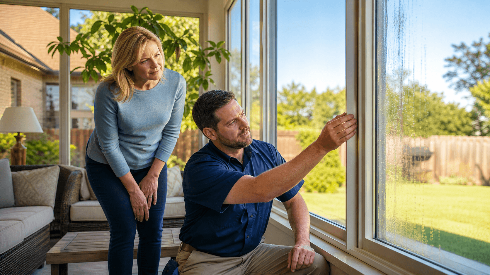 Sunlit Texas sunroom with cracked window panes, faded trim, and dry leaves scattered across the floor.