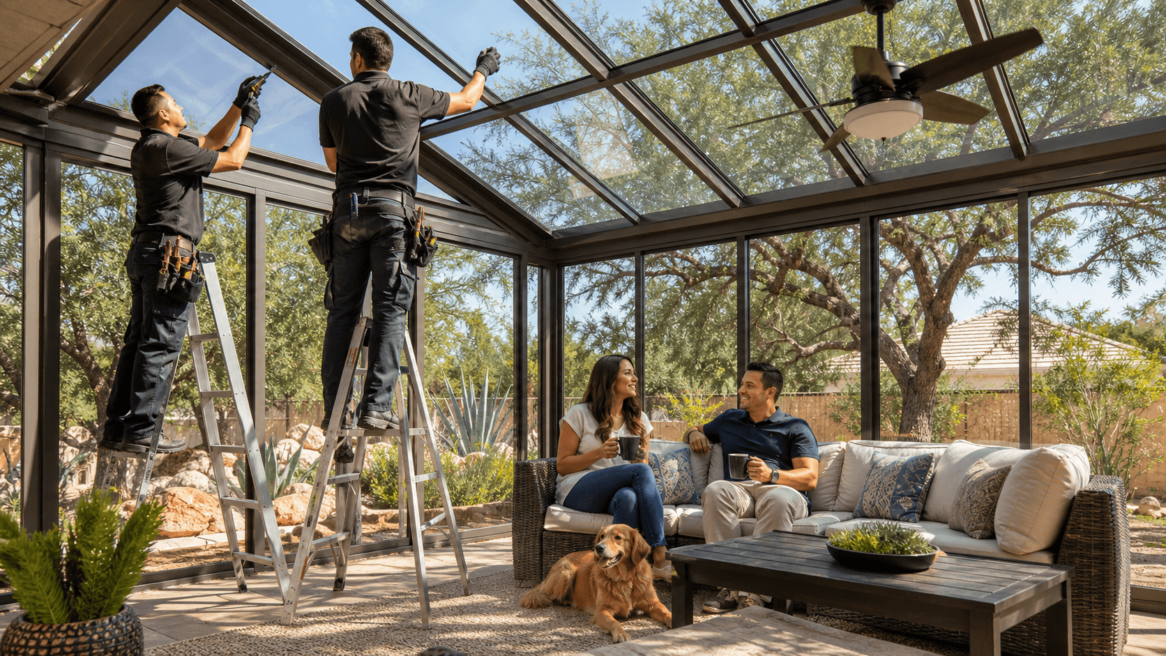 Bright glass-roof sunroom with white patio furniture, potted plants, and sunlight streaming across tile floor