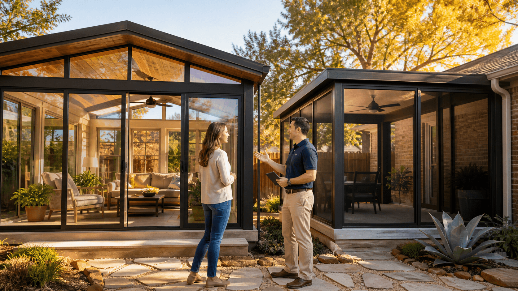 Split view of a cozy glass sunroom and open screened patio under warm Texas autumn light.