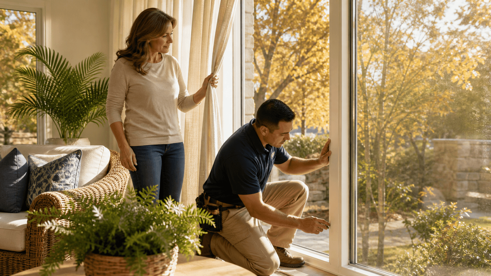 Sunlit sunroom with large windows, white frames, woven chairs, and golden autumn trees outside