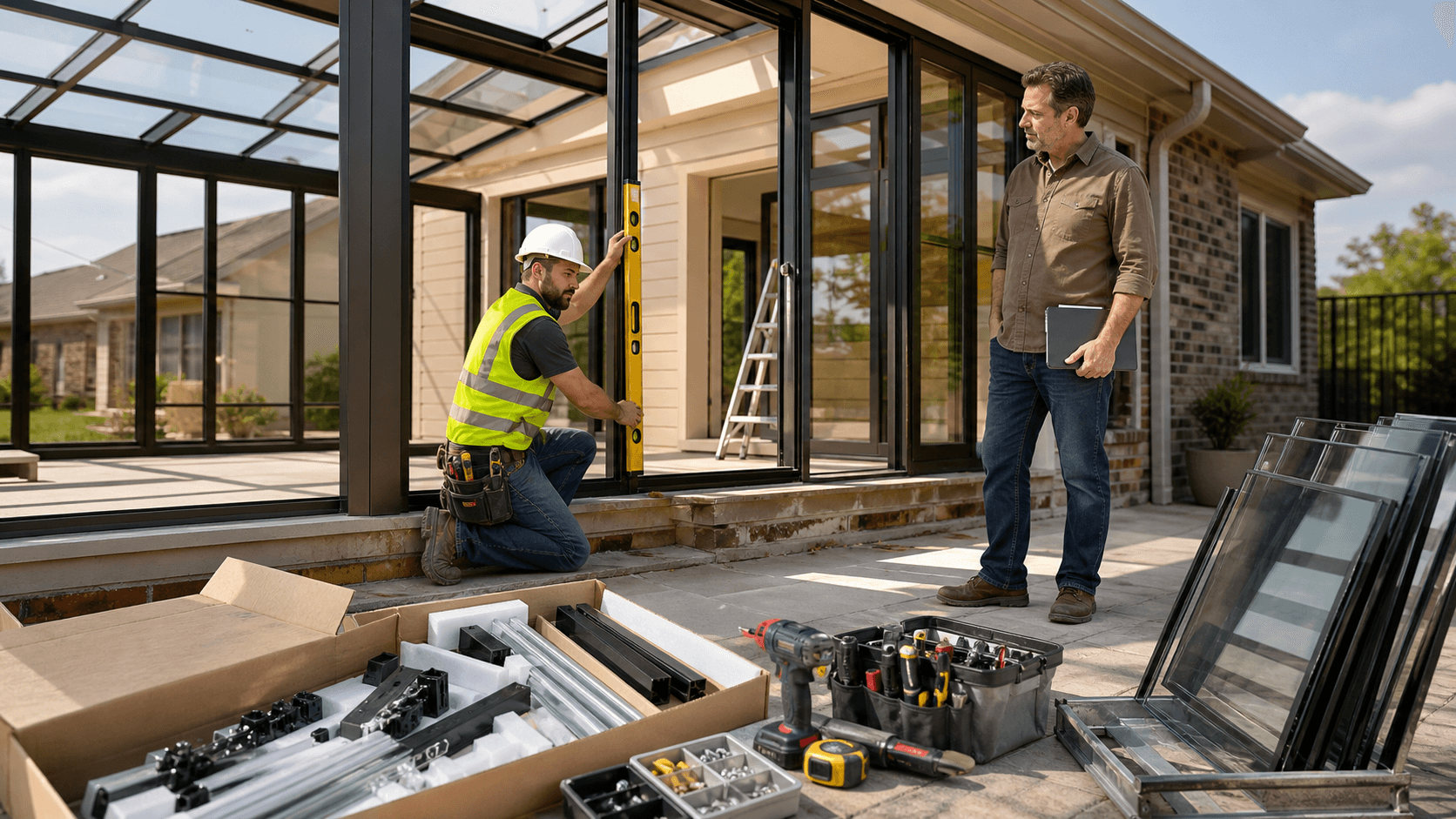 Split-screen of a boxed sunroom kit and a contractor with tools beside a glass sunroom, in warm Texas sunlight