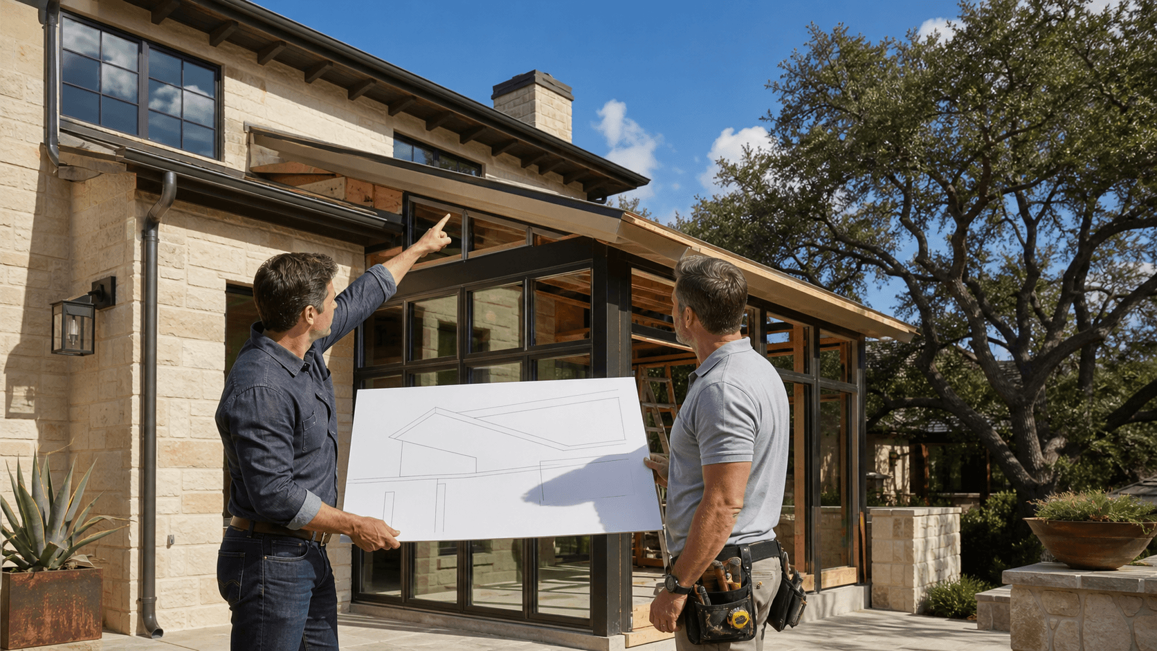 Architect reviewing sunroom roofline plans beside a modern Austin home at golden hour
