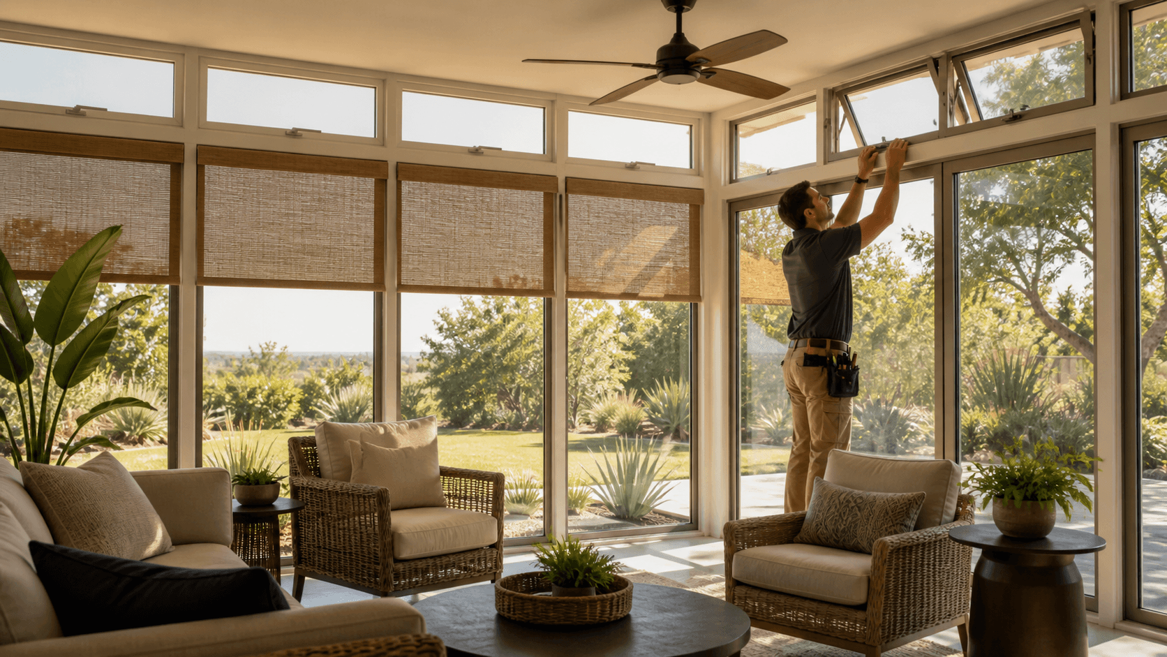 Bright Texas sunroom with large shaded windows, ceiling fan, and leafy outdoor view in warm afternoon light.