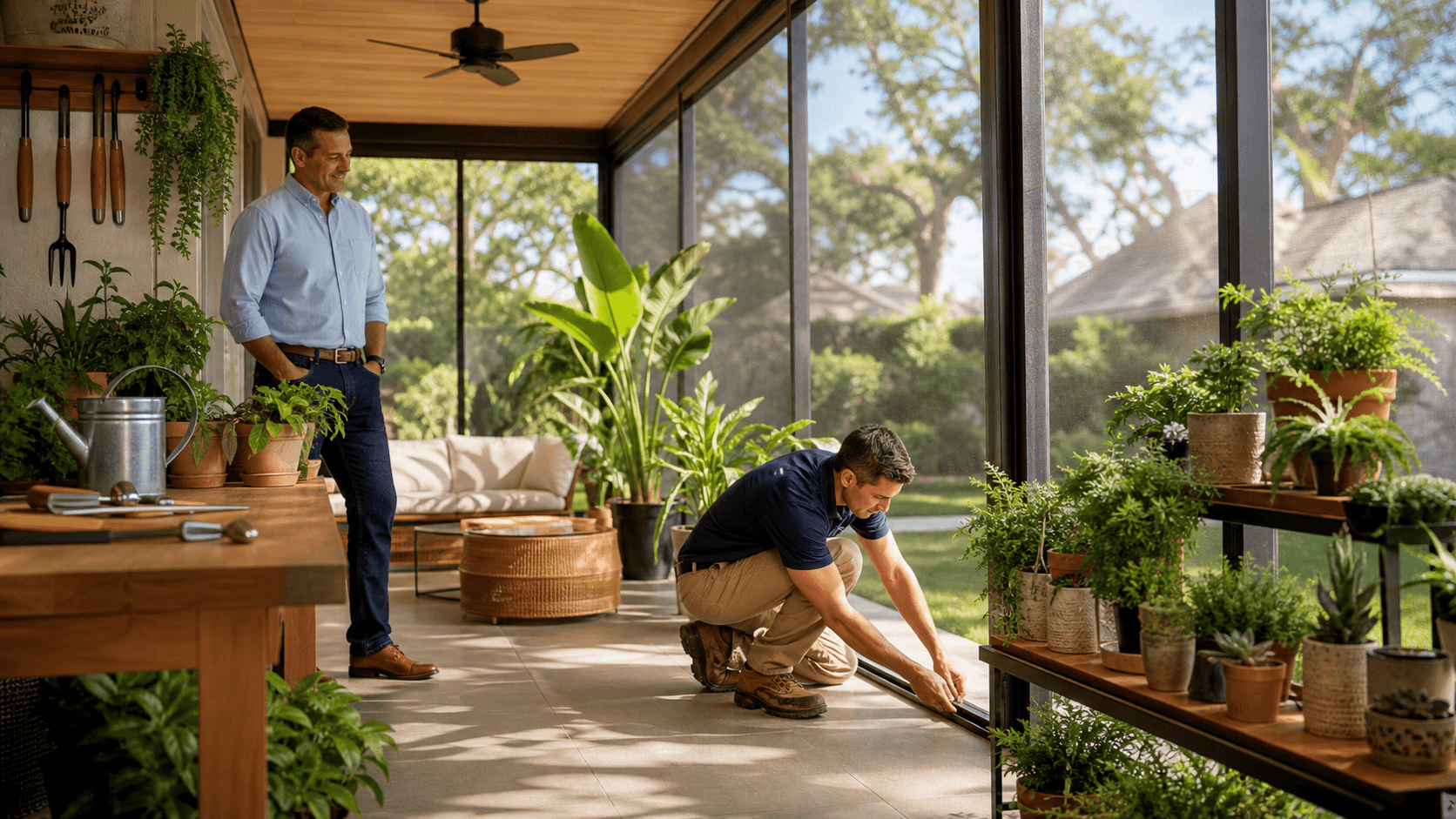 Sunlit three-season room with large windows, potted plants, wicker chairs, and light wood floors.