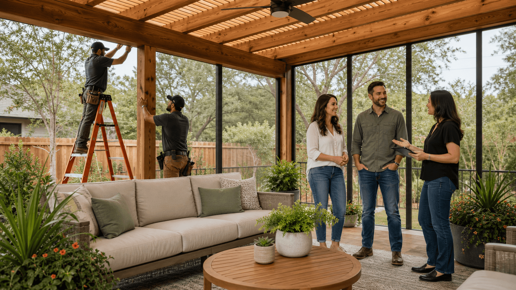 Covered backyard patio with warm wood ceiling, seating area, and large windows opening to a green lawn