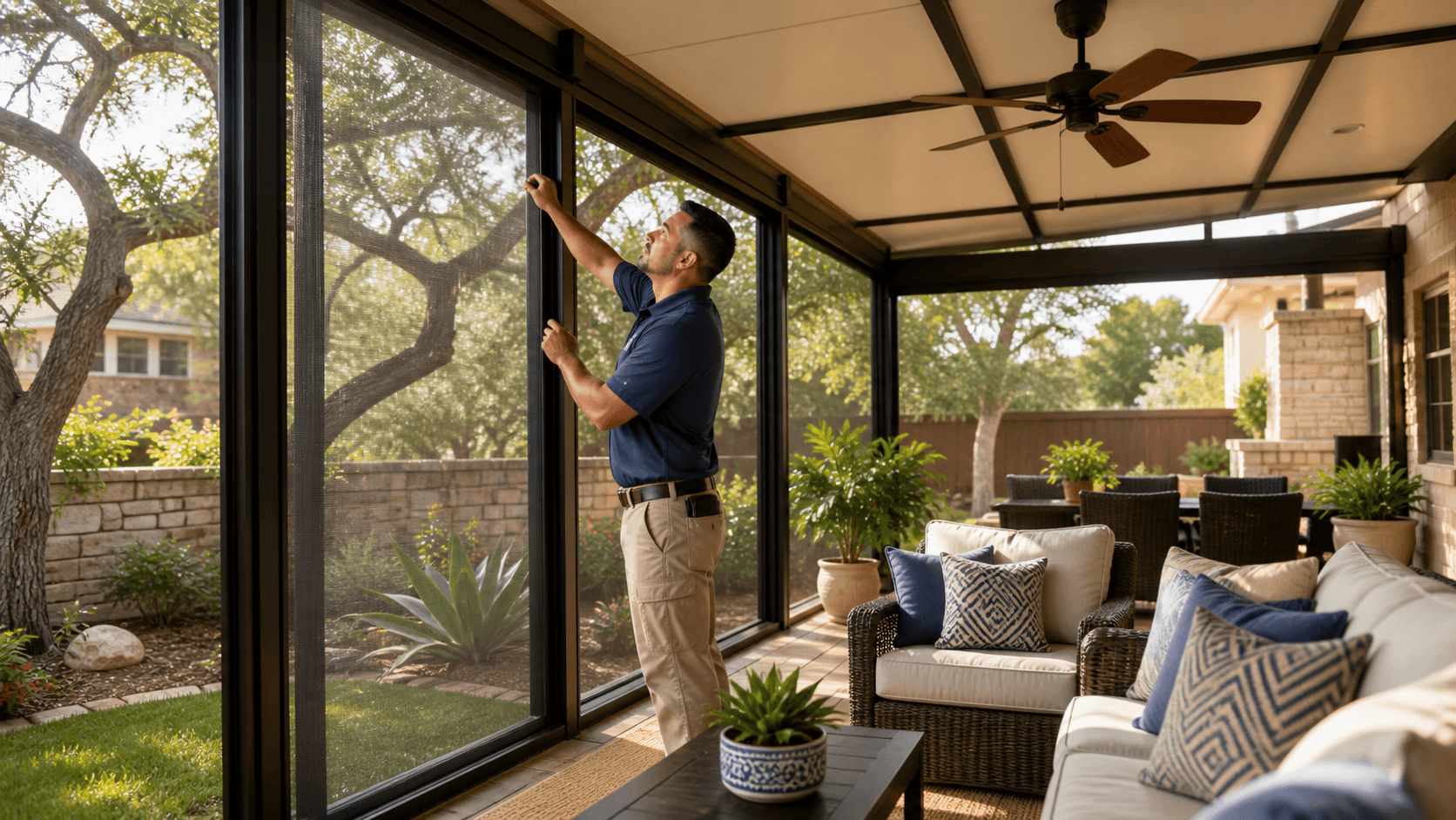 Covered patio with seating, warm string lights, and potted plants opening onto a sunny backyard.