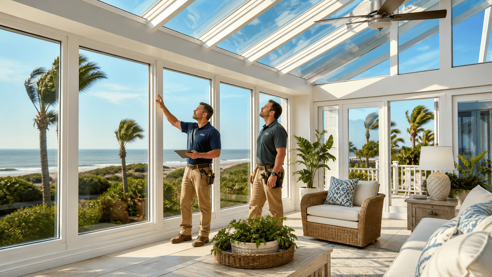 Glass-enclosed sunroom overlooking a coastal yard under bright blue skies with palm trees and sunlight.