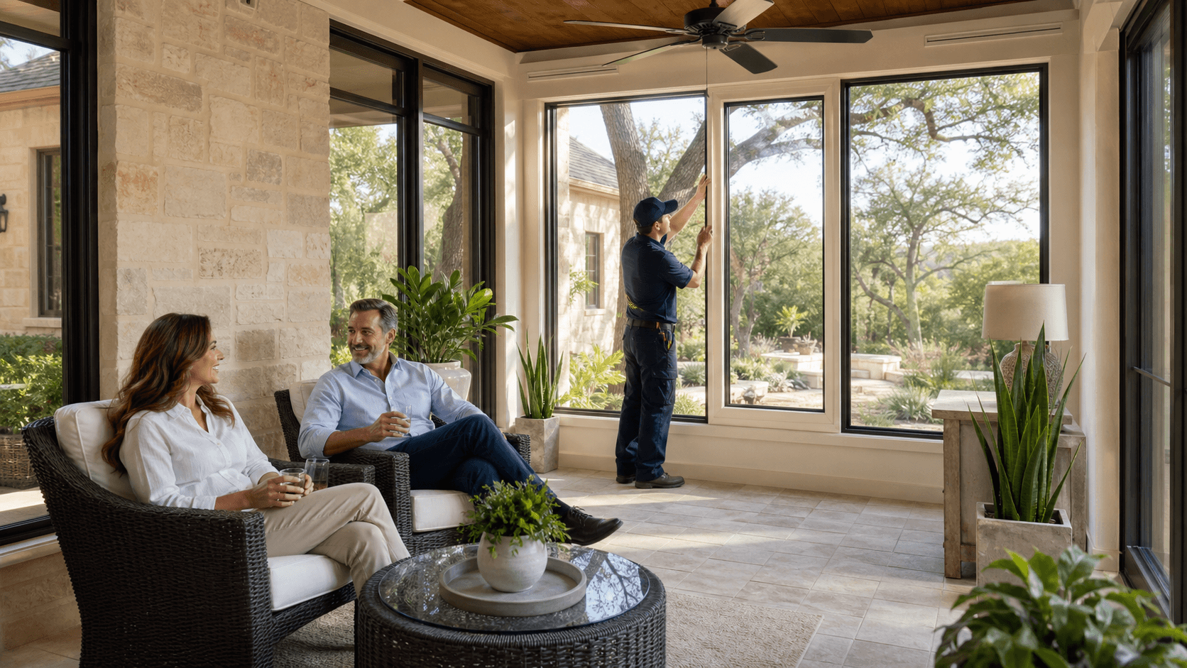 Sunlit all-season room with large windows, beige seating, green plants, and a view of a landscaped backyard.