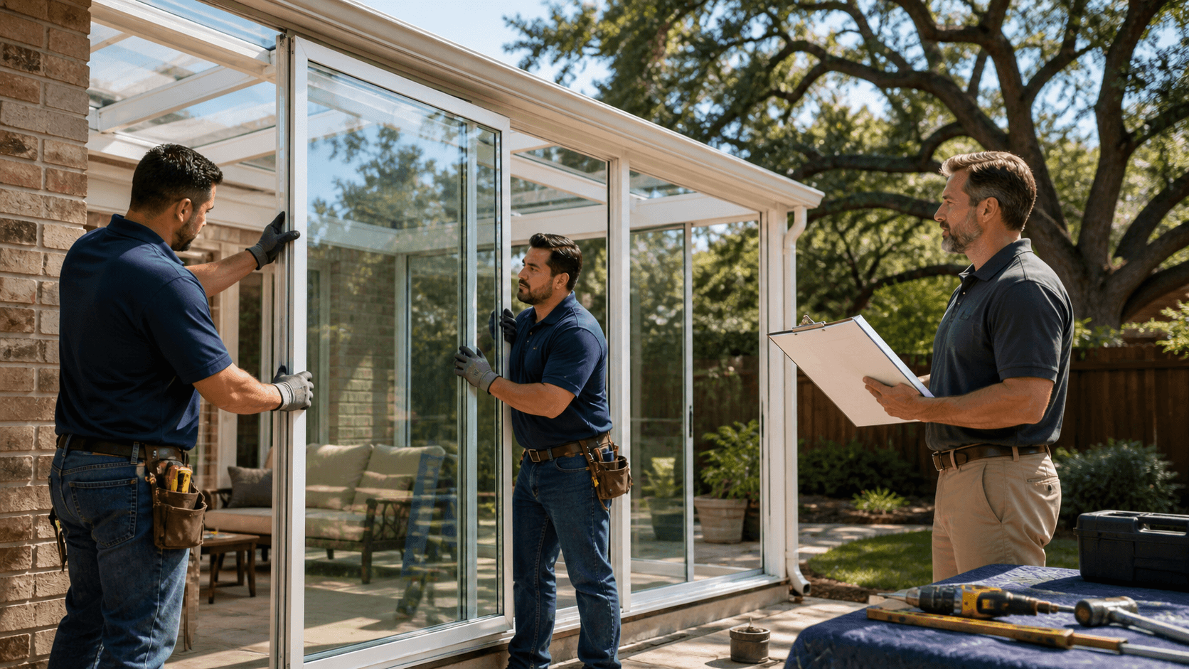 Workers install glass panels on a white sunroom frame beside a brick Texas home under a bright blue sky.