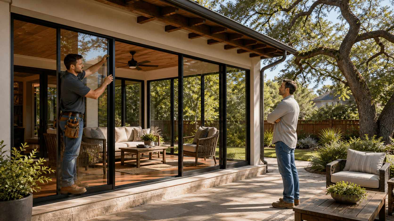 Sunlit Austin home with a glass-enclosed porch, warm wood accents, and lush green landscaping