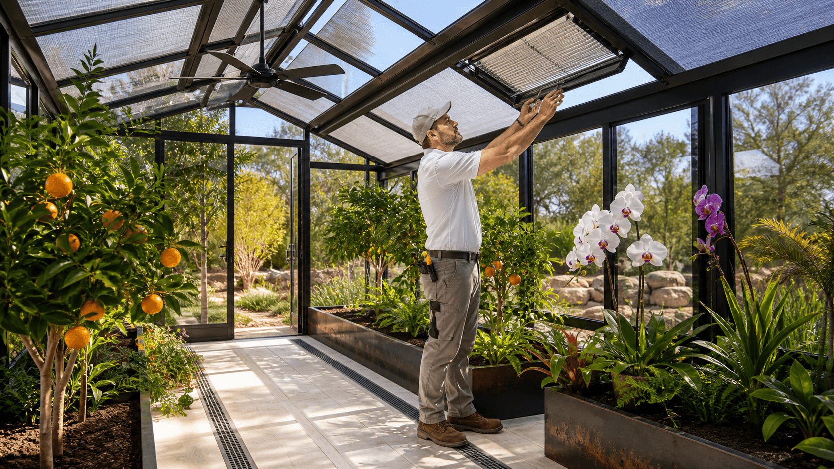 Sunlit glass sunroom filled with lush potted plants, wicker chairs, and warm wood framing.