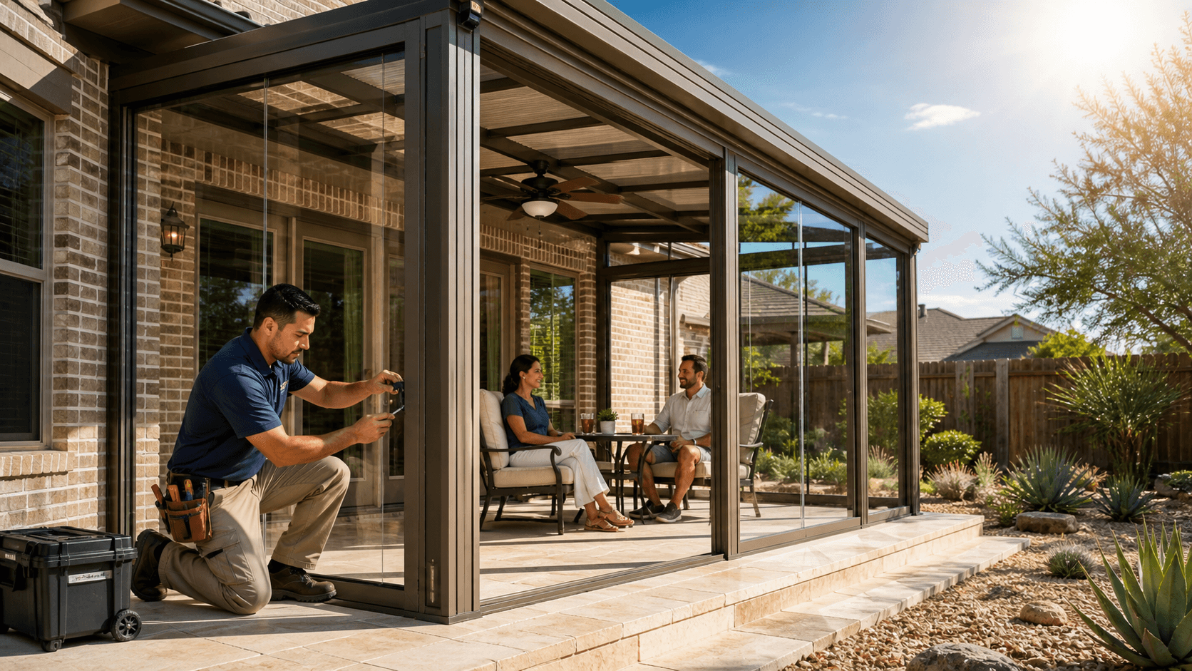 Sunlit Texas home patio with a screened enclosure, glass panels, outdoor seating, and desert plants in warm tones