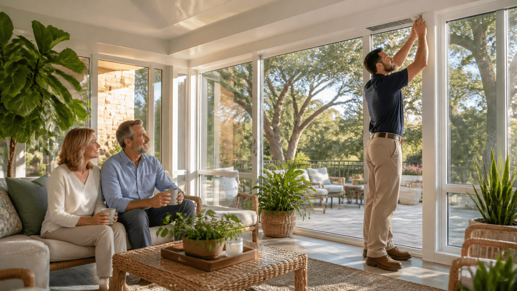 Sunlit Texas home with a glass-enclosed sunroom overlooking a green backyard and patio.